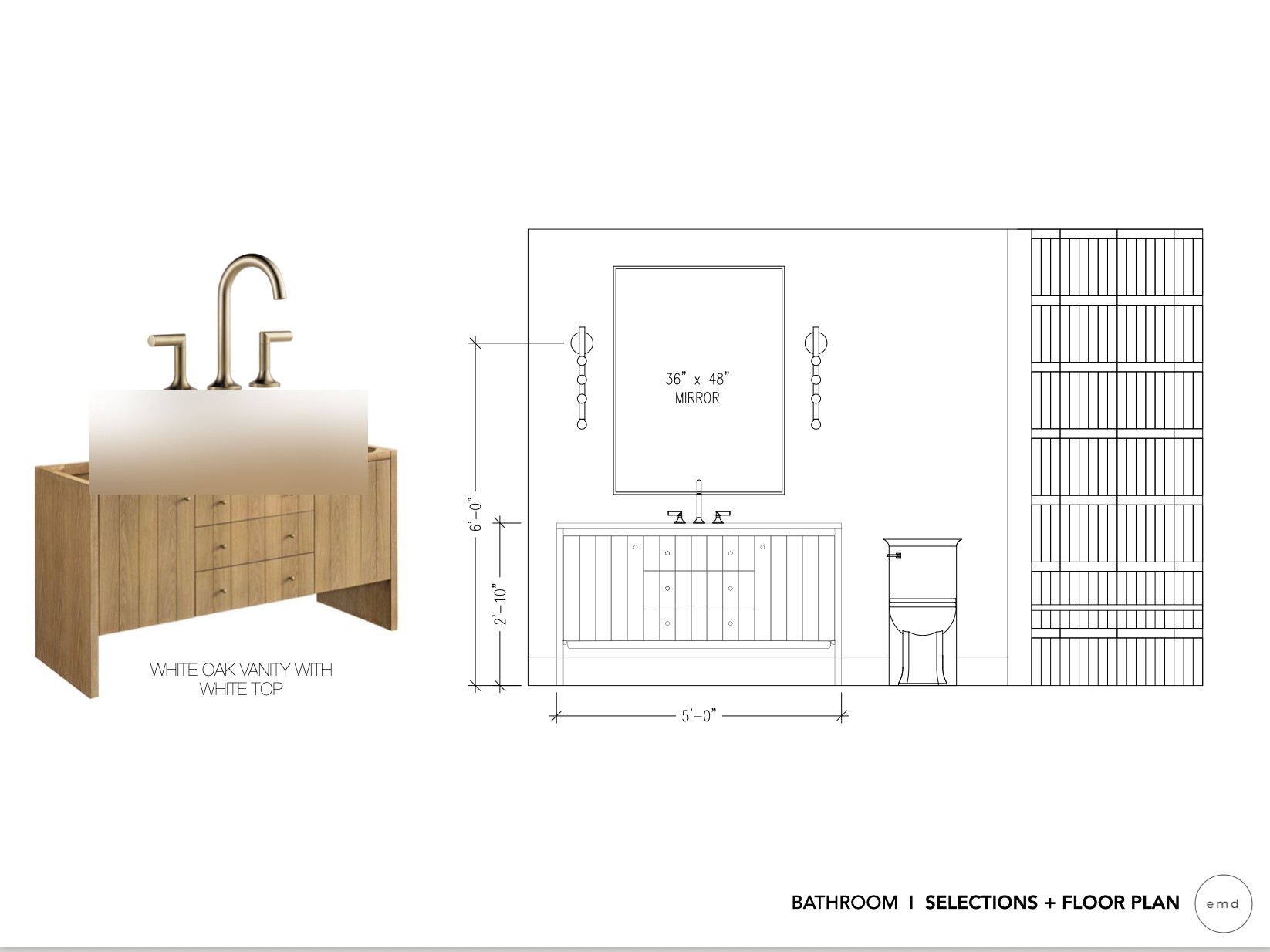 Ellie Mroz Design bathroom selections sheet showing a brass widespread faucet and a white oak vanity with a white top, beside a scaled elevation dimensioning the vanity wall, the mirror and the fixture heights, for a New Jersey renovation.