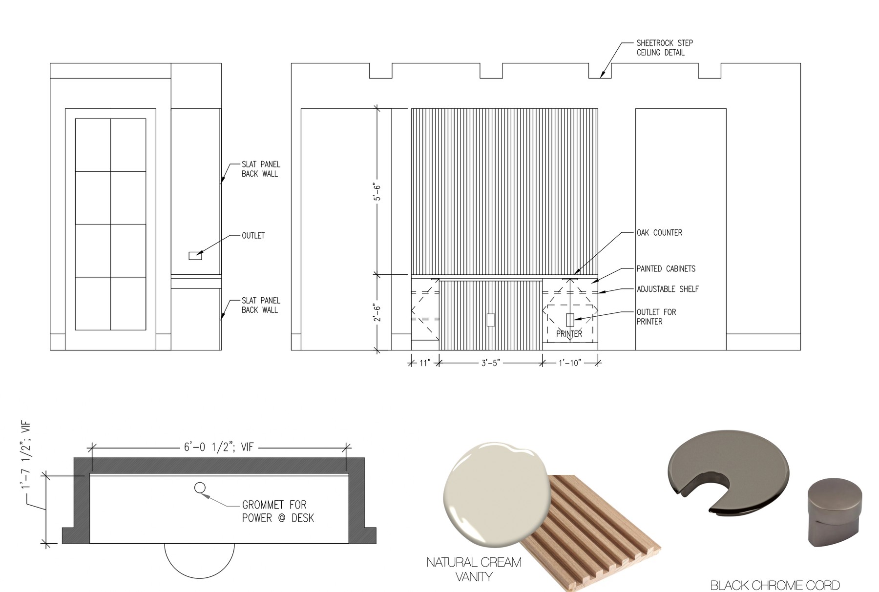 Ellie Mroz Design millwork elevations for a built-in desk, dimensioning a slat-panel back wall, an oak counter, painted cabinets and outlet locations, shown with a natural cream vanity finish, a fluted wood sample and black chrome hardware, for a New Jersey home.