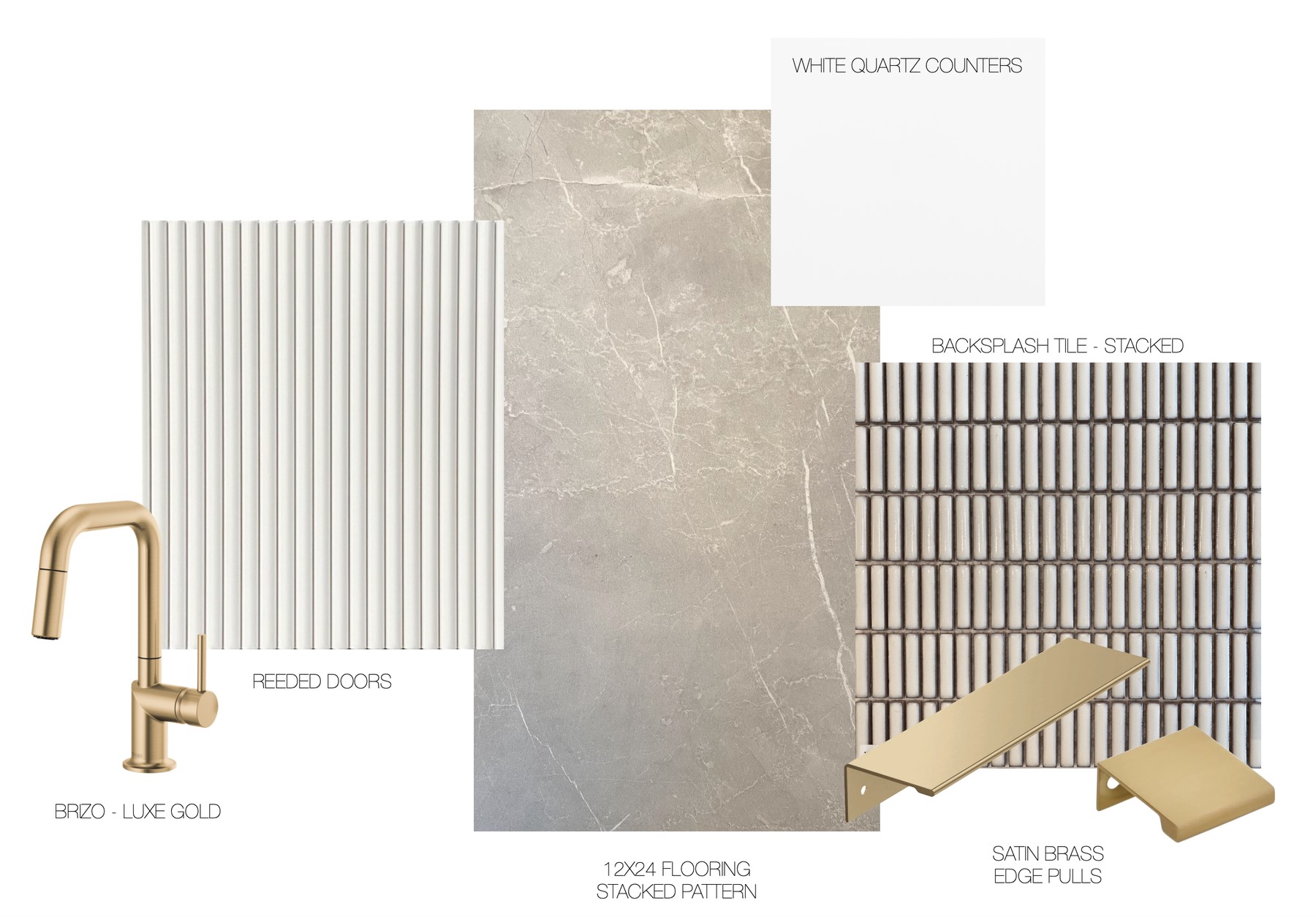 Ellie Mroz Design material selections for a kitchen, showing reeded cabinet doors, a veined stone slab, white quartz counters, a stacked backsplash tile and a brass faucet, for a New Jersey renovation.