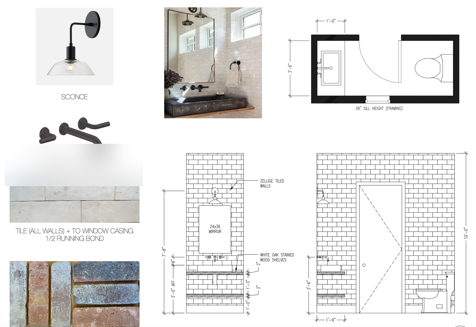 Ellie Mroz Design powder room package showing a glass schoolhouse sconce, a carbon-finish wall-mounted faucet, limestone and reclaimed brick samples, and scaled elevations dimensioning zellige tiled walls, a mirror and white oak shelves, for a New Jersey renovation.